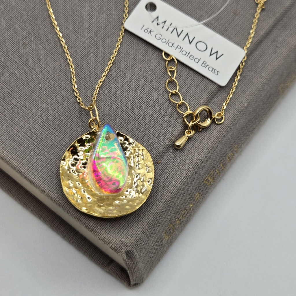 Gold Dainty Rainbow Opalite Tone Charm Necklace Boutique Brand Gold Plated Brass